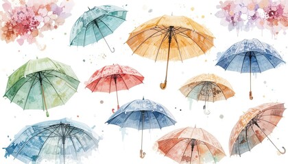 Obraz premium Colorful umbrellas in watercolor art artistic display outdoor bright creative