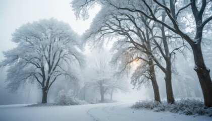Fototapeta premium Serene Winter Wonderland Snow Covered Trees in a Misty Forest Path