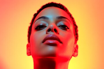 Short coiffure - highlighted hair. Gorgeous calm mixed-race girl - for ads, marketing material and social digital ad use. Commercial ad campaign creative visual design. Commercial advertising.