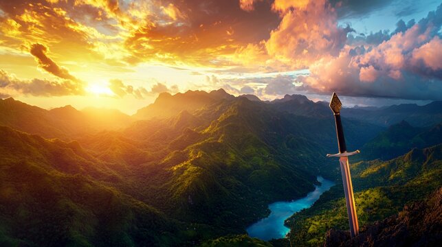 Majestic Sword at Sunset Over Lush Tropical Mountains