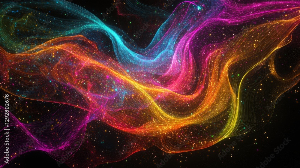 Poster neoncolored data streams converging into a digit at digital hub visual data analysis technology envi