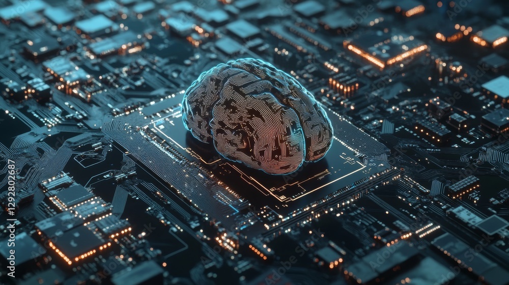 Aufkleber artificial intelligence powers smart cities. futuristic buildings in a tiny chip with ai, which mana