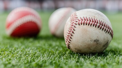 Used baseballs on field, game in background, sports imagery