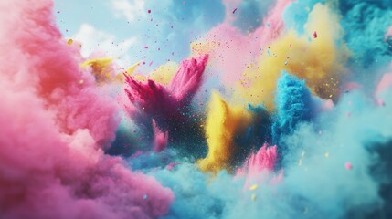 Fototapeta premium Dynamic explosion of vibrant Holi powders in mid-air, with a mix of bold colors like pink, blue, yellow, and green swirling together against a clean white background.