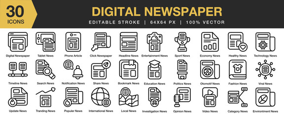 Digital Newspaper icon set. Editable Stroke Icon Collection. Includes newspaper, news, internet, online, media, digital, and More. Outline icons vector collection.