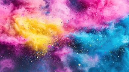 Fototapeta premium Dynamic explosion of vibrant Holi powders in mid-air, with a mix of bold colors like pink, blue, yellow, and green swirling together against a clean white background.