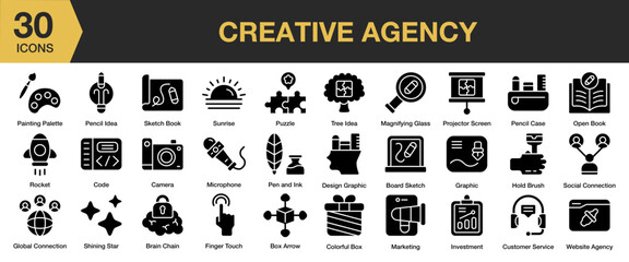 Creative Agency solid icon set. Includes professional, workplace, agency, computer, teamwork, and More. Solid icons vector collection