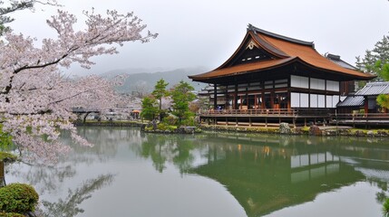 Fototapeta premium Serene Japanese Garden with Cherry Blossoms and Pond