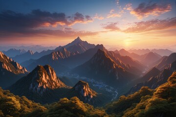 mountains with a sunset in the background