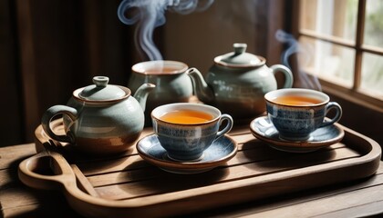 Enjoying a Relaxing Tea Ceremony Steaming Cups and Teapots on Wooden Tray