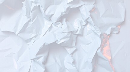 Obraz premium Crumpled paper texture, abstract wrinkled surface, white and light gray tones, subtle pink accent, soft shadows, minimalist composition, high-key lighting, macro photography, gentle folds and creases,