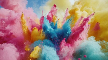 Fototapeta premium Dynamic explosion of vibrant Holi powders in mid-air, with a mix of bold colors like pink, blue, yellow, and green swirling together against a clean white background.