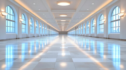 Fototapeta premium Bright hallway, arched windows, reflective floor, event venue
