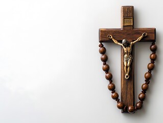 Wooden Crucifix with Rosary on White Background