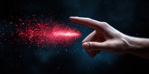 A hand reaching out, creating a trail of red sparkles against a dark background.