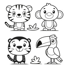 Jungle Adventures Tiger Cub, Monkey, Frog, Toucan, and Parrot Coloring Page