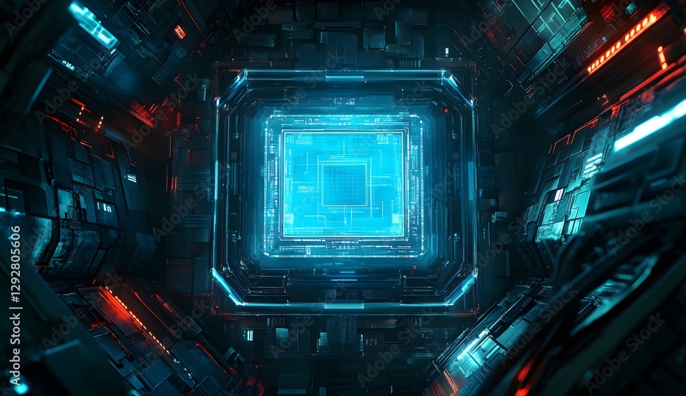 Poster futuristic cpu core in a tech tunnel