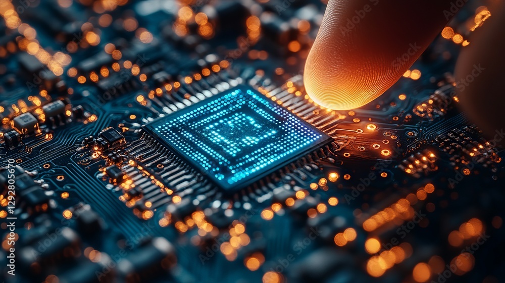 Poster cybersecurity and data protection concept featuring advanced locks on a blue integrated circuit, sho