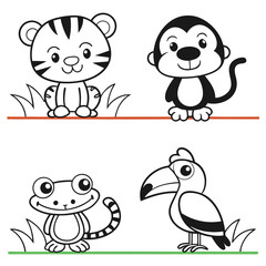 Whimsical Jungle Creatures for Kids Tiger Cub, Monkey, Frog, Toucan, and Parrot