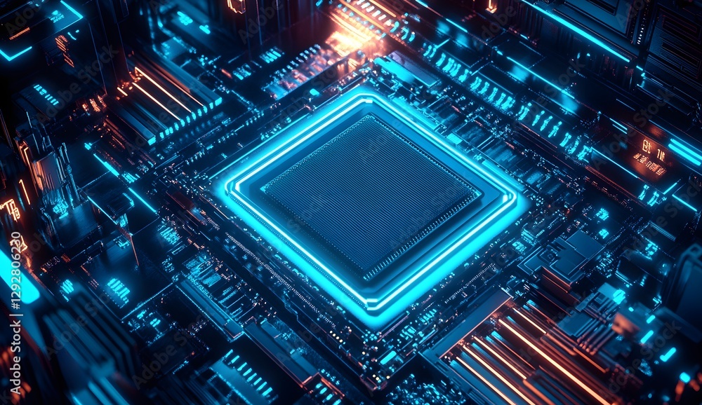 Poster futuristic cpu on circuit board with neon glow