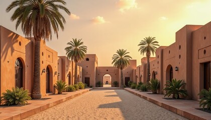 Traditional street in UAE with palm trees and historical architecture at sunset