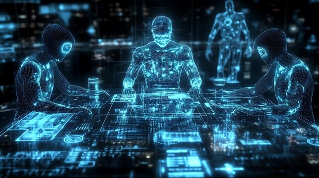 Futuristic Aliens are Discussing a Strategy at a Table