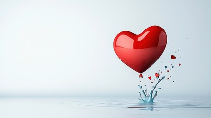 Red Heart Balloon Floating Above Water Surface with Splash and Small Hearts Around in Light Background