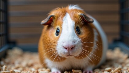 Guinea pig inside cage with curious gaze and soft fur texture
