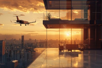 Luxurious penthouse apartment with a private balcony overlooking a cityscape at sunset, a private jet approaching.