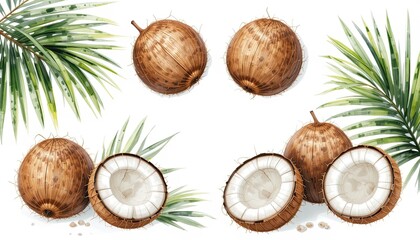 Coconut fruits and palm leaves tropical setting illustration nature close-up organic design