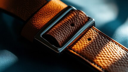 Close-up of a Luxurious Brown Leather Watch Strap with a Polished Metal Buckle