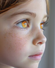 Fototapeta premium Close-up profile of a young girl with golden eyes and freckles, looking thoughtfully off to the side.