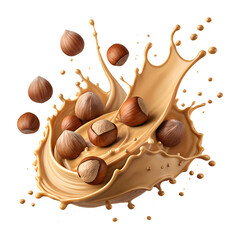 Realistic Hazelnuts and Chocolate Splash Isolated on Transparent Background