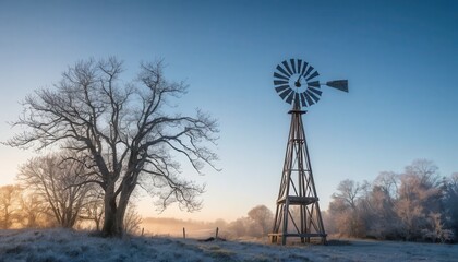 Serene sunrise over frosty field with rustic windmill and leafless trees A picturesque winter landscape