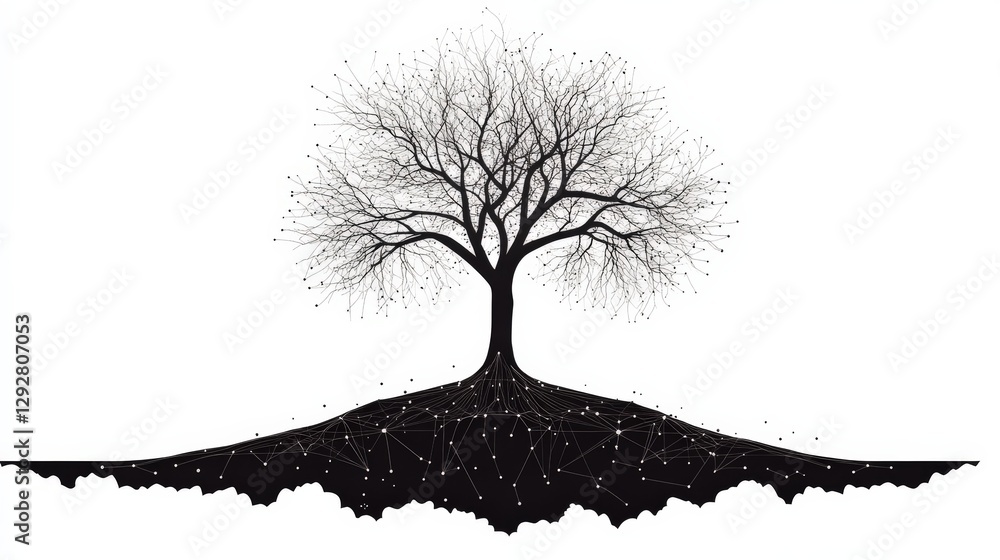 Poster abstract illustration of a tree with intricate roots and network-like connections, symbolizing growt