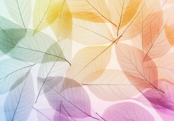 Fototapeta premium Abstract background with transparent leaves in different colors, a pastel color palette, and a natural organic style. The abstract leaf texture background features various shades of colorful