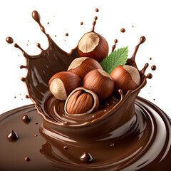 Hazelnuts Splashing in Chocolate, Realistic Nut and Liquid on Transparent Background