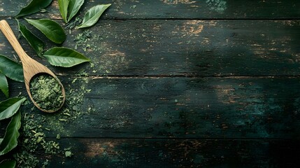 dried green tea leaf and powder on wooden