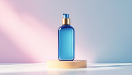 Fototapeta premium Blue Glass Pump Bottle on Pastel Background Product Mockup