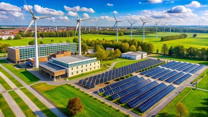 Aerial View of Sustainable Energy Complex Featuring Solar Panels and Wind Turbines in a Green Landscape