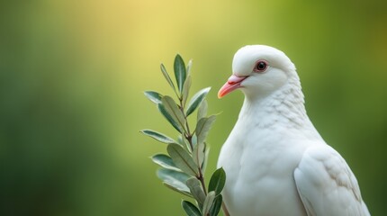 Obraz premium A close-up of a white dove holding an olive branch, with soft feathers and a blurred green background