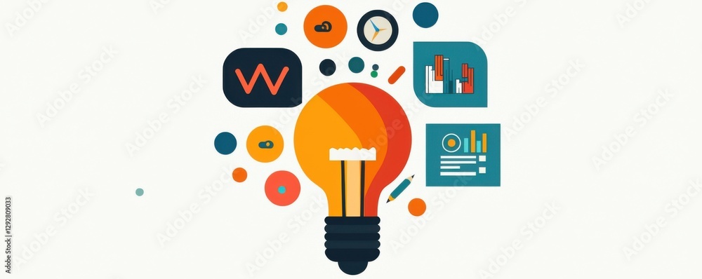 Aufkleber light bulb surrounded by colorful icons representing ideas and data analysis.