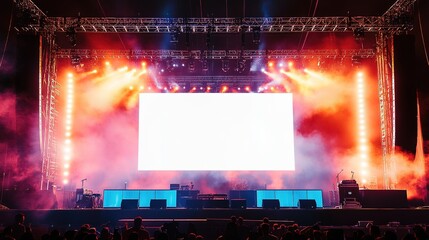 Stage modern rigging large outdoor concert with beam lights, sound system, and white blank large big screen mock up material background wallpaper AI generated image , 8k image