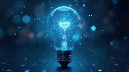 A futuristic LED light bulb with a blue electric spark surrounding it, floating in mid-air against a high-tech digital background