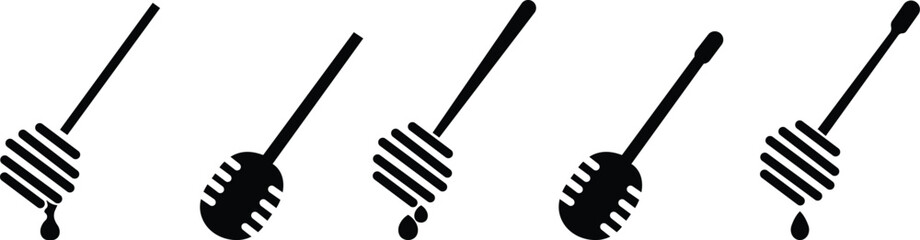 Honey dipper stick icon set, honey stick icons vector graphic designs elements, isolated on transparent background. Honey ladle. Square button. Minimalism concept, used for food and beverage pictogram