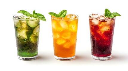 Glasses of tasty cold iced tea on white