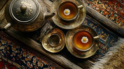 Overhead view of Egyptian chamomile tea served