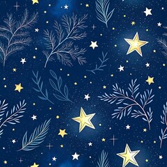 Seamless night sky pattern with stars and branches elegant festive winter design art blue gold dark