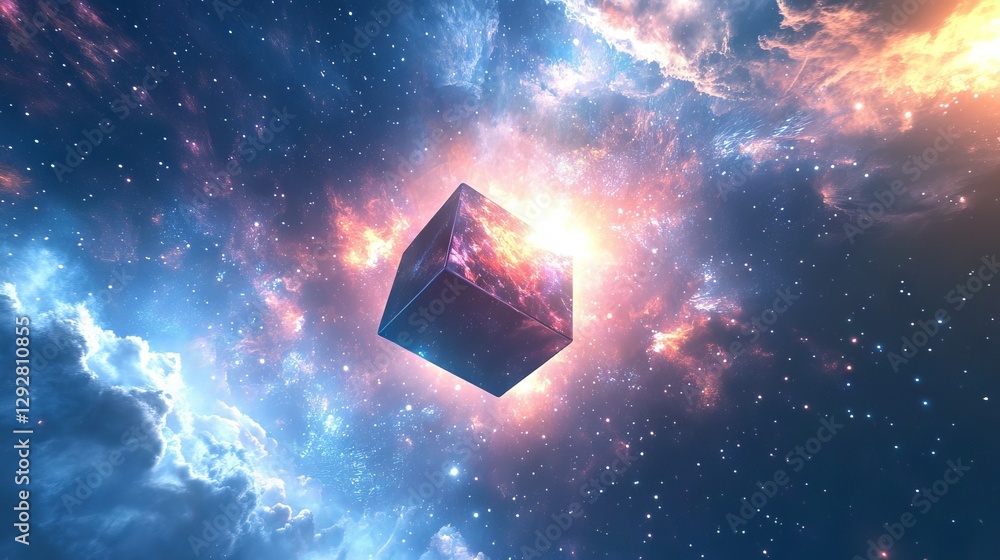 Poster a 3d cube floats in vast space, radiating a futuristic glow.