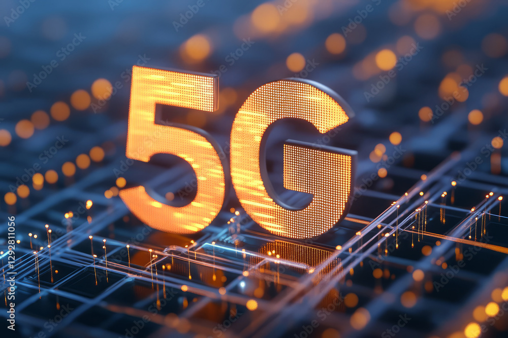 Poster 5g technology symbol glowing on digital grid, representing ultra fast connectivity and advanced netw